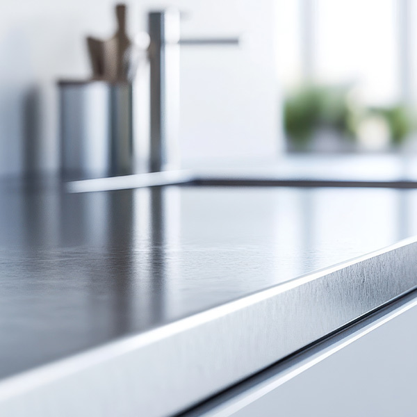 Plan de travail de cuisine moderne en acier inoxydable avec surface brillante et réfléchissante dans un intérieur épuré