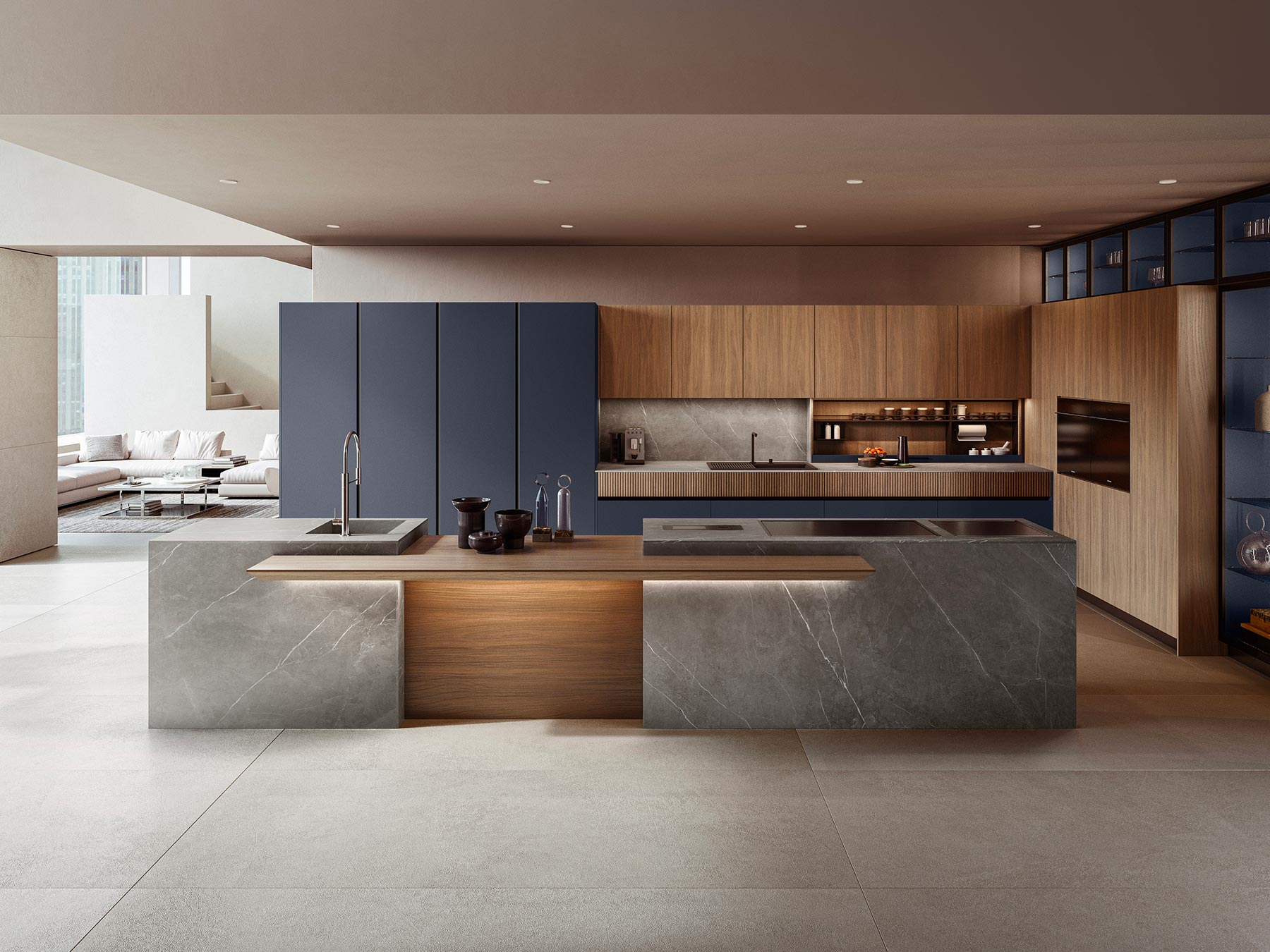 Cuisine moderne avec îlot central en marbre gris, meubles bois et bleu marine dans un espace ouvert contemporain