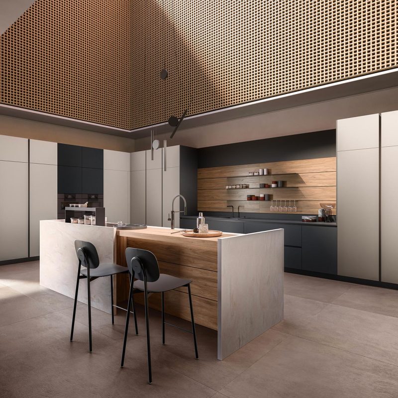 Cuisine moderne avec îlot central en bois et marbre, plafond perforé en bois et tabourets noirs design