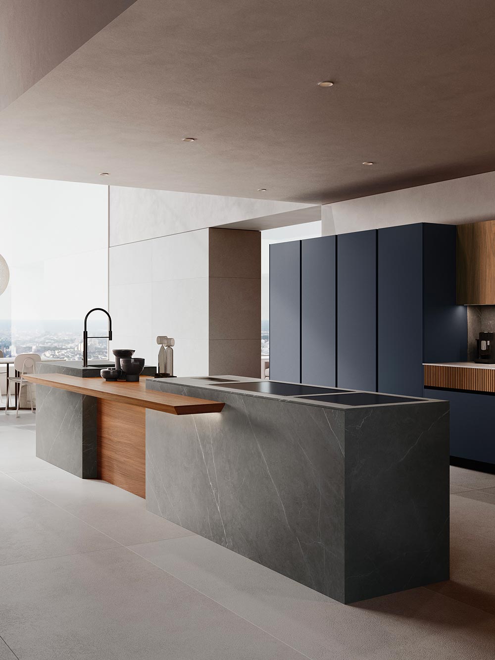Cuisine moderne avec îlot central en marbre gris, façades bleues et bois, plafond suspendu et éclairage intégré