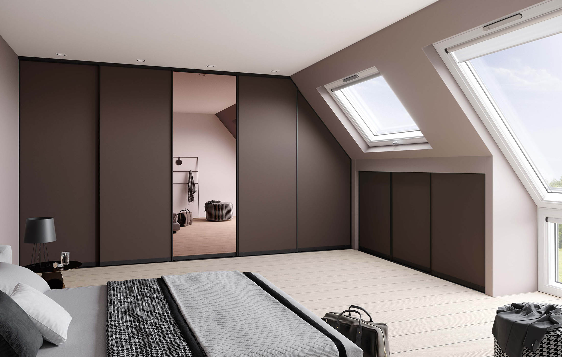 Chambre mansardée moderne avec dressing sur mesure marron, lit double, verrières de toit et décoration minimaliste